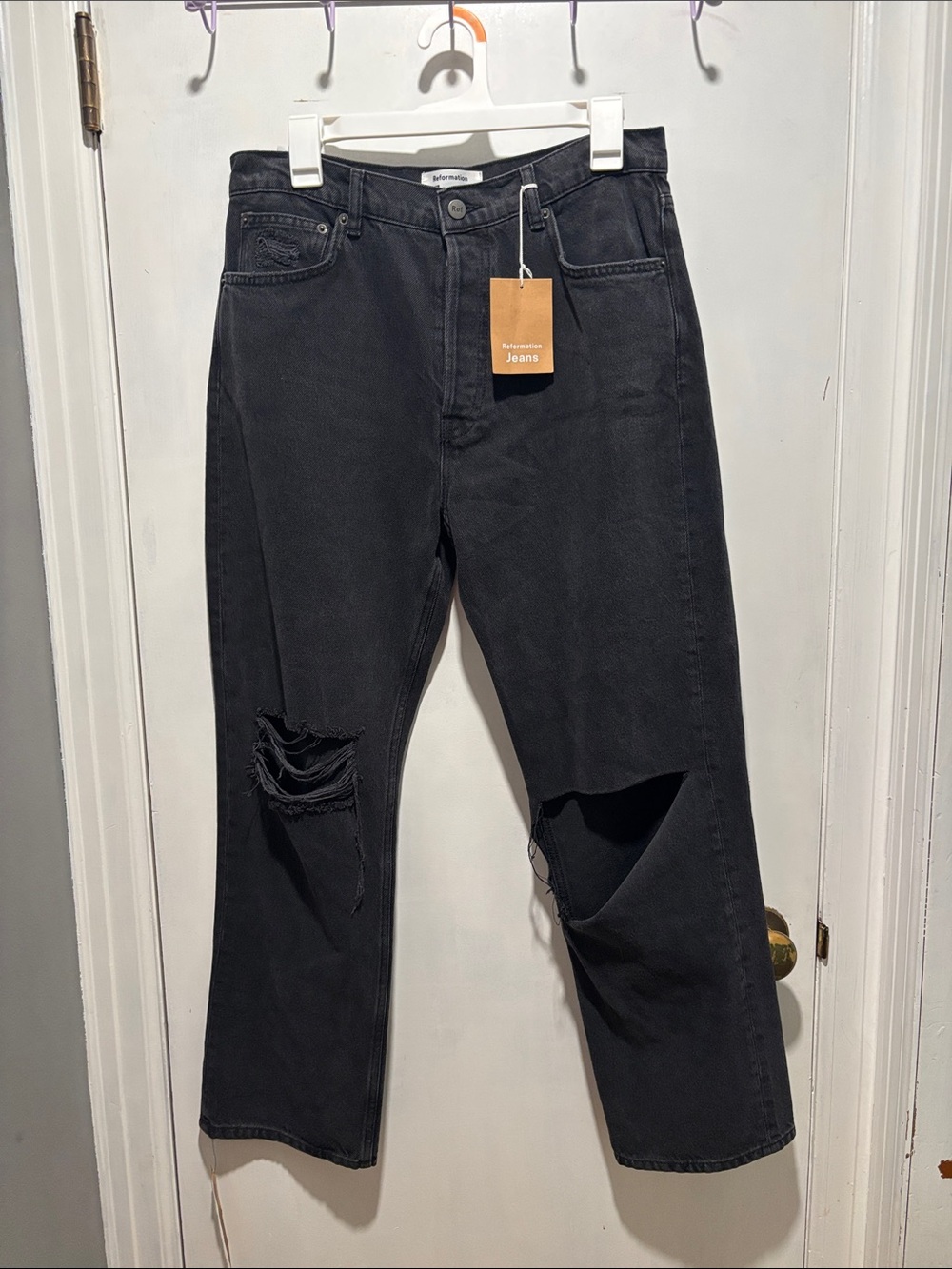 New REFORMATION Cynthia high rise straight destroyed jeans
